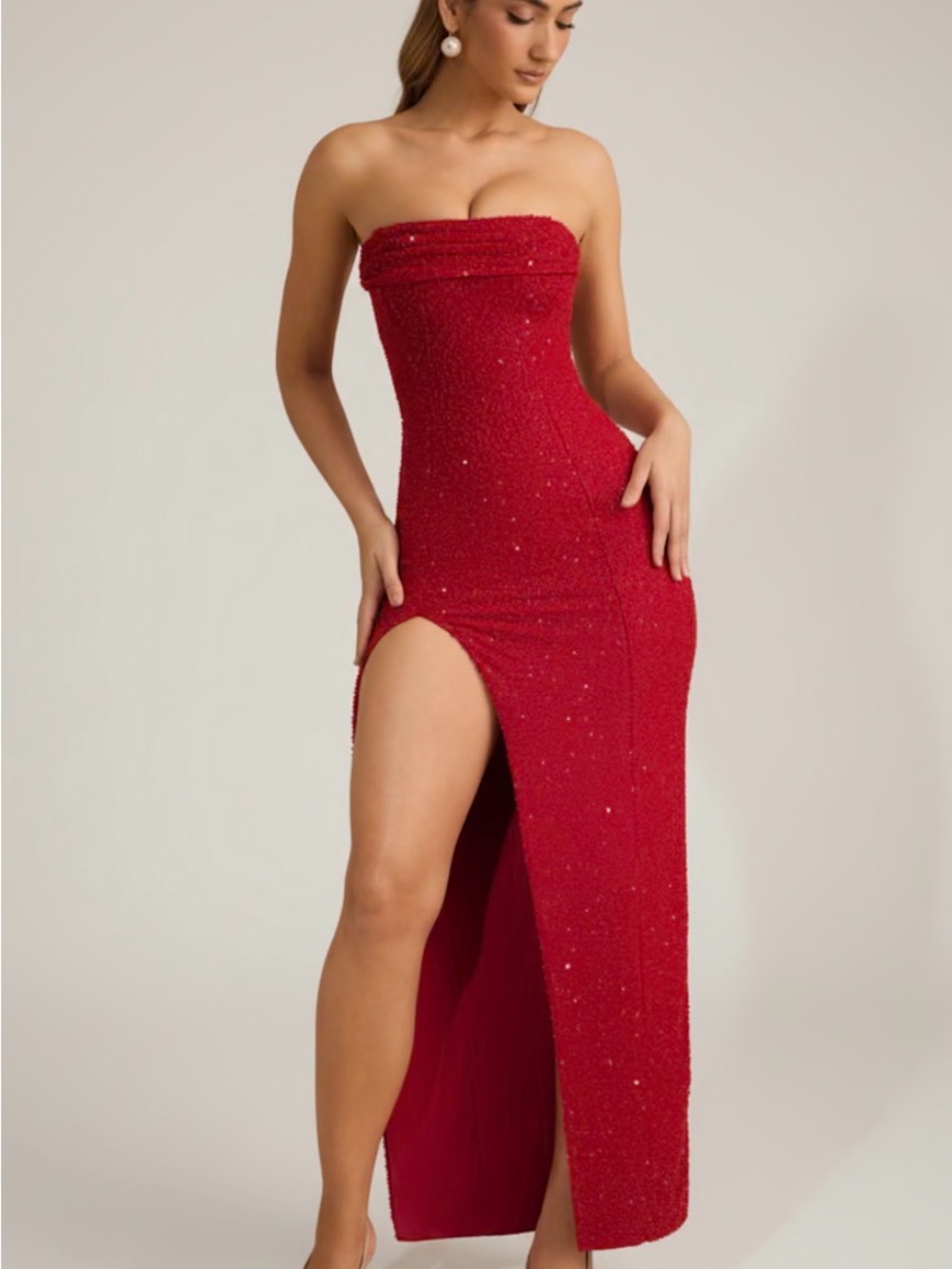 Oh Polly Red Embellised Strapless Cowl-Neck Maxi Dress